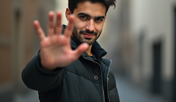مرد جوان ایرانی ایستاده و با قاطعیت درخواست کسی را رد می کند، دستش را جلو آورده و نه می گوید