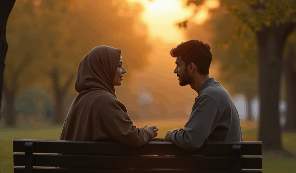 زوجی جوان در حال گفتوگوی صمیمی روی نیمکت پارک، با پسزمینهای سرسبز و نور طلایی غروب، نمایانگر شناخت و همدلی همسر