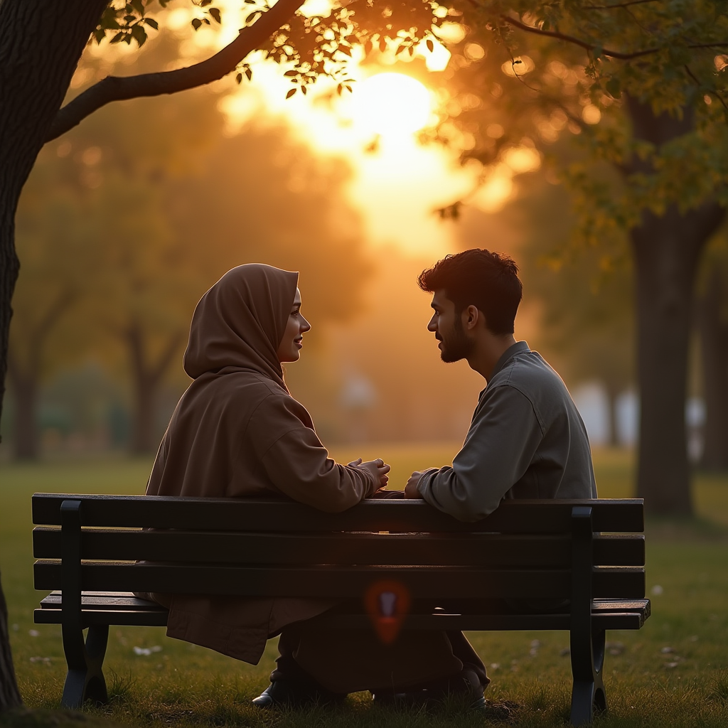 زوجی جوان در حال گفت‌وگوی صمیمی روی نیمکت پارک، با پس‌زمینه‌ای سرسبز و نور طلایی غروب، نمایانگر شناخت و همدلی همسر